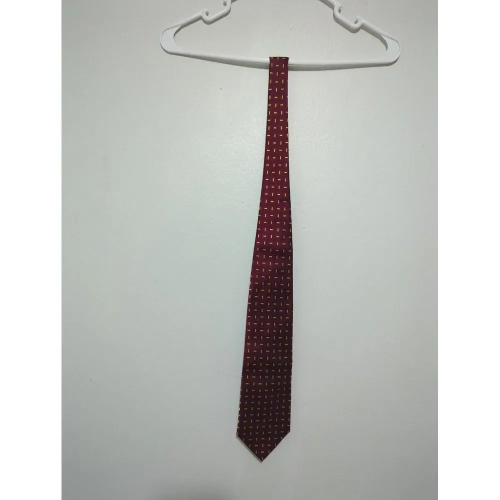Burberrys of London Men Silk Tie Burgundy Yellow Geometric Hand Sewn USA Vintage